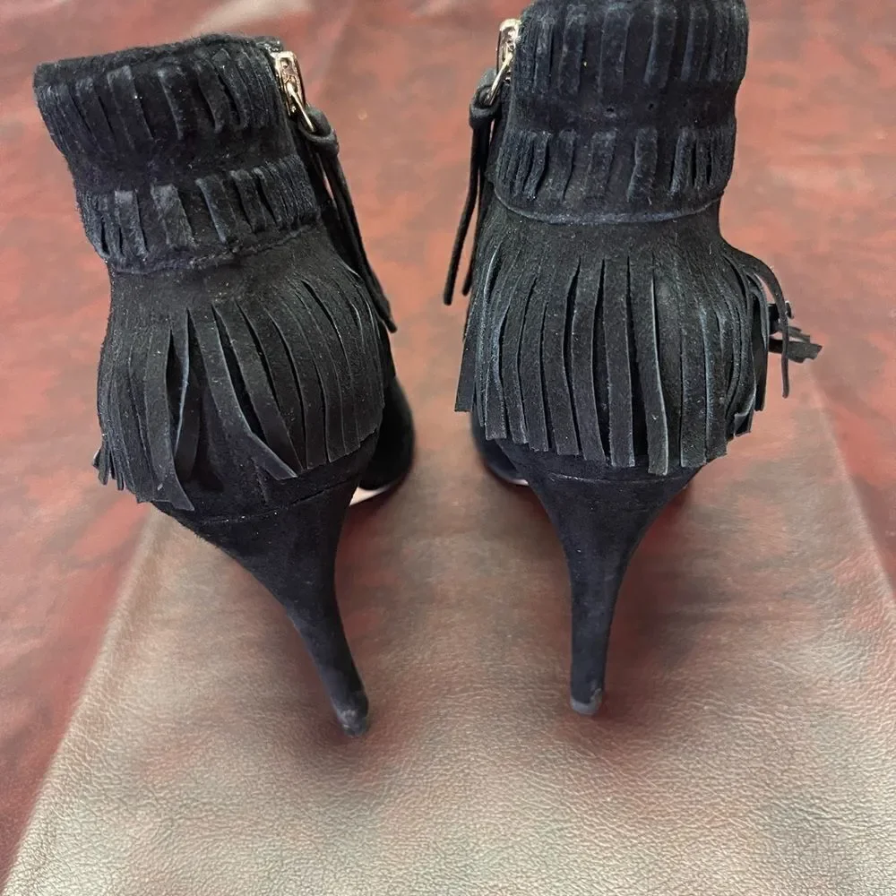 Rebecca Minkoff‎ black suede fringe heels, size 6 1/2
